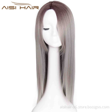 Aisi Hair Wholesale Long Straight Ombre Grey Wigs Synthetic Wigs For Black Women Heat Resistant Fiber